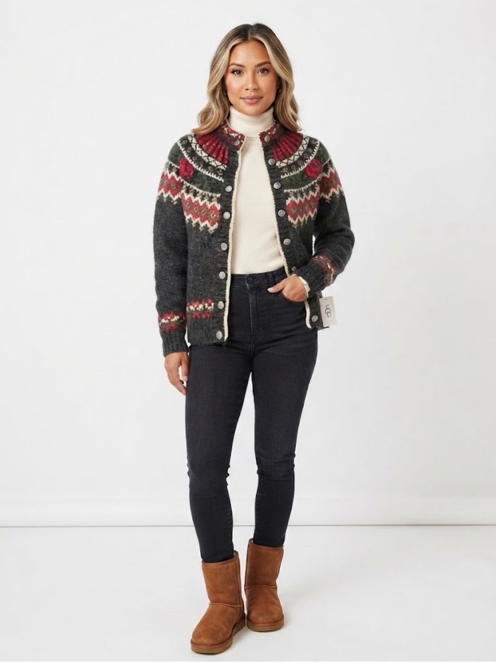 Woolrich Vintage Charcoal Fair Isle Cardigan with Red and Green Yoke Size Medium